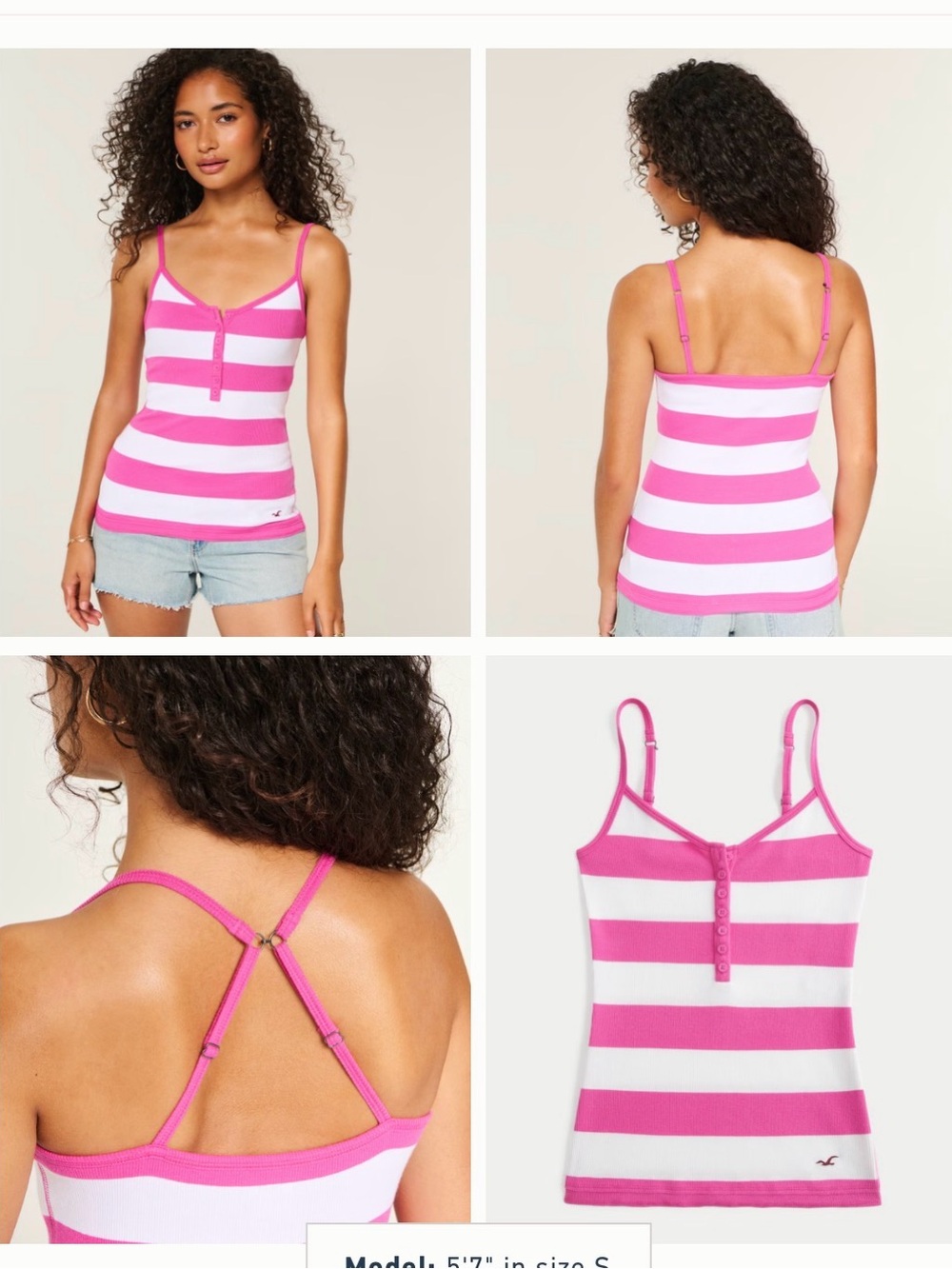Hollister Hot Pink and White Striped Ribbed Henley Tank